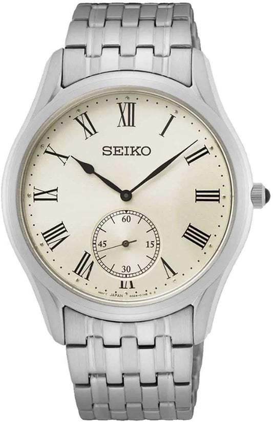 Herrklocka i silver med armband i rostfritt stål, beige urtavla, romerska siffror, subdials