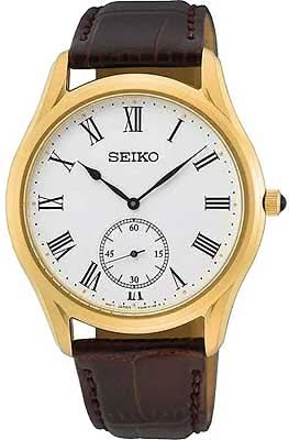 Seiko herrklocka med boett i guld, vit urtavla och brunt läderband