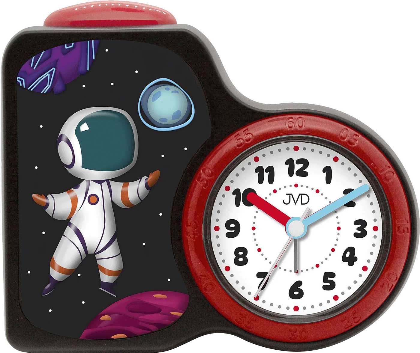 Väckarklocka med röd urtavla och JVD-tryck, svart-rött hölje med astronautmotiv