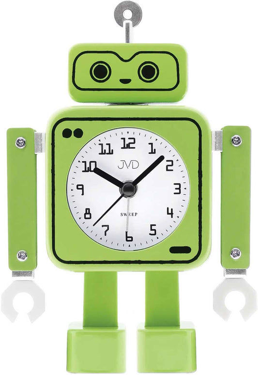 Grön robotväckarklocka med analog urtavla och sekundvisare, rörliga armar