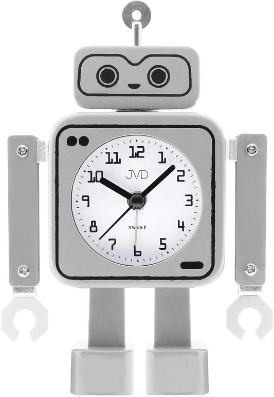 Robot-väckarklocka med analog urtavla, grå, med uppsatt huvud och två ben