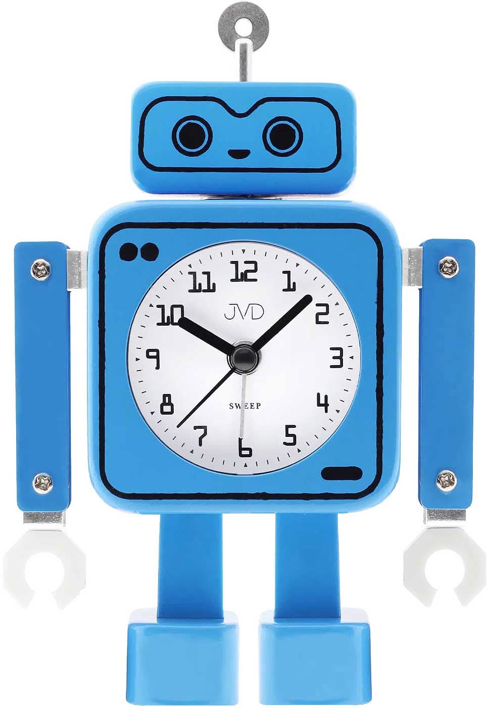 Blå robot-analog väckarklocka med urtavla och visare, JVD-logotyp
