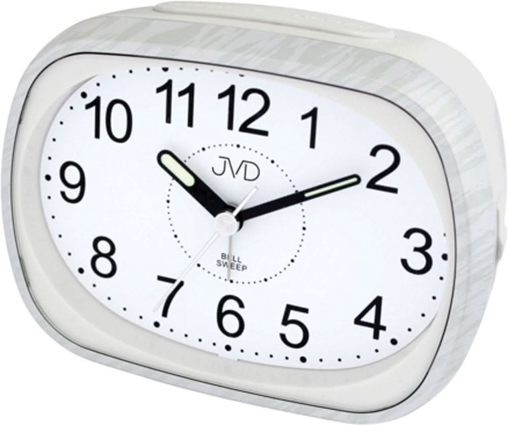 Klassisk analog väckarklocka med vit urtavla, svarta visare och JVD-logotyp