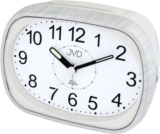 Klassisk analog väckarklocka med vit urtavla, svarta visare och JVD-logotyp