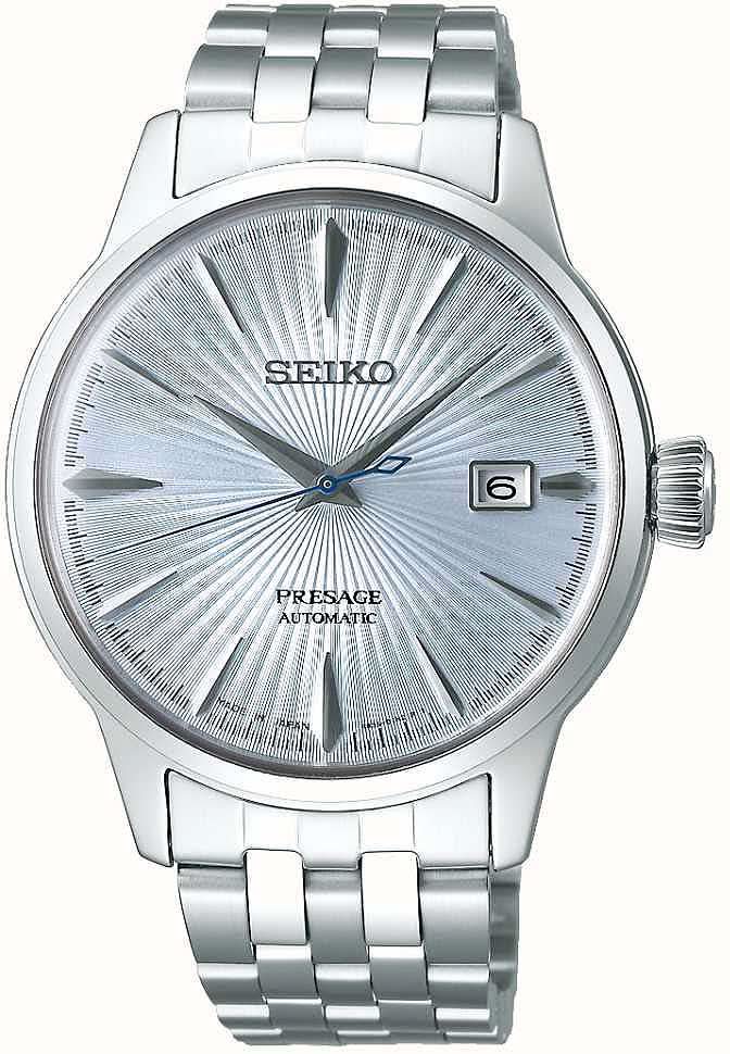 Seiko Presage herrarmbandsur med silverfärgad sunburst-urtavla och metallänk