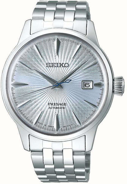 Seiko Presage herrarmbandsur med silverfärgad sunburst-urtavla och metallänk