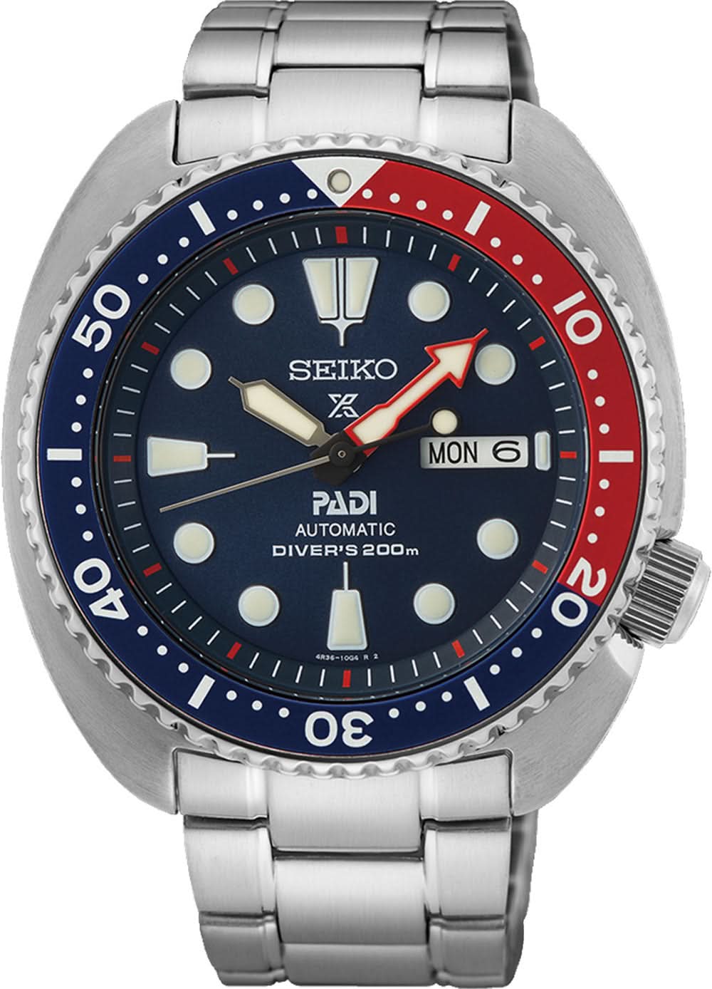 Seiko Prospex herrur med blå urtavla, röd dykring och armband i rostfritt stål.