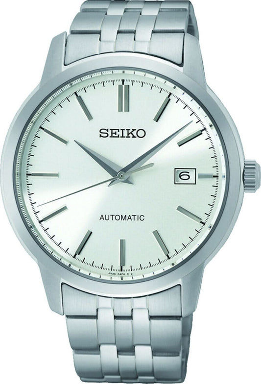 Seiko herrarmbandsur: silverfärgat metallband, vit urtavla, automatisk