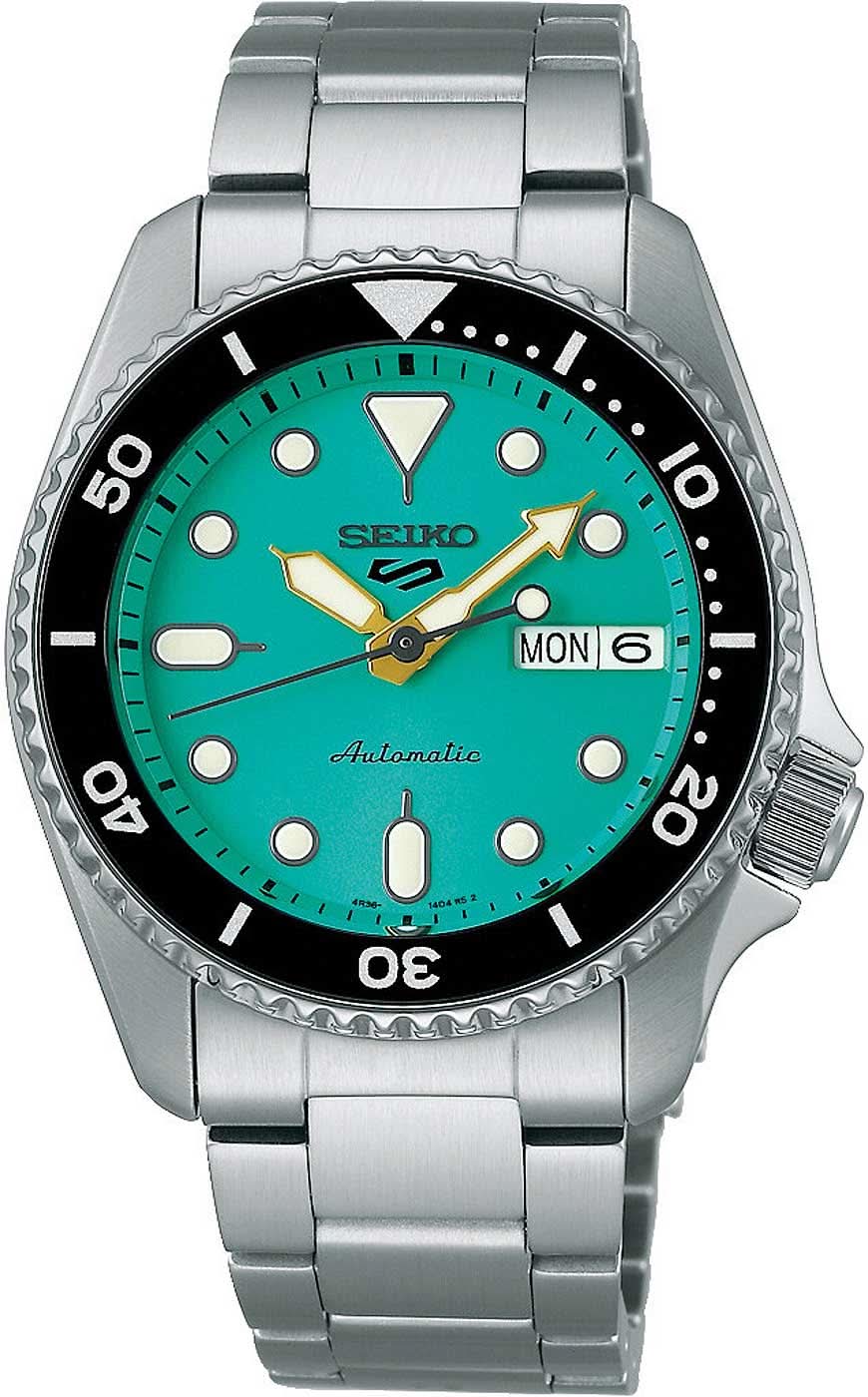Seiko 5 Sports klocka med grön urtavla, armband i rostfritt stål, svart infattning, MÅN 6