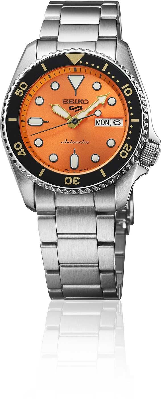 Seiko 5 Sports automatisk armbandsur i rostfritt stål med svart vridring och orange urtavla