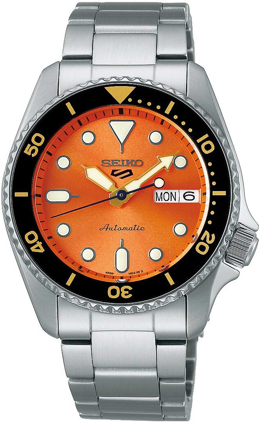 Seiko 5 Sports automatisk armbandsur med orange urtavla och rostfritt stålarmband