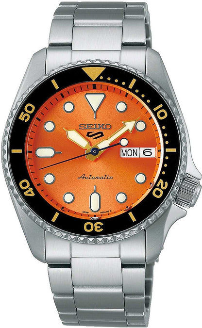 Seiko 5 Sports automatisk armbandsur med orange urtavla och rostfritt stålarmband