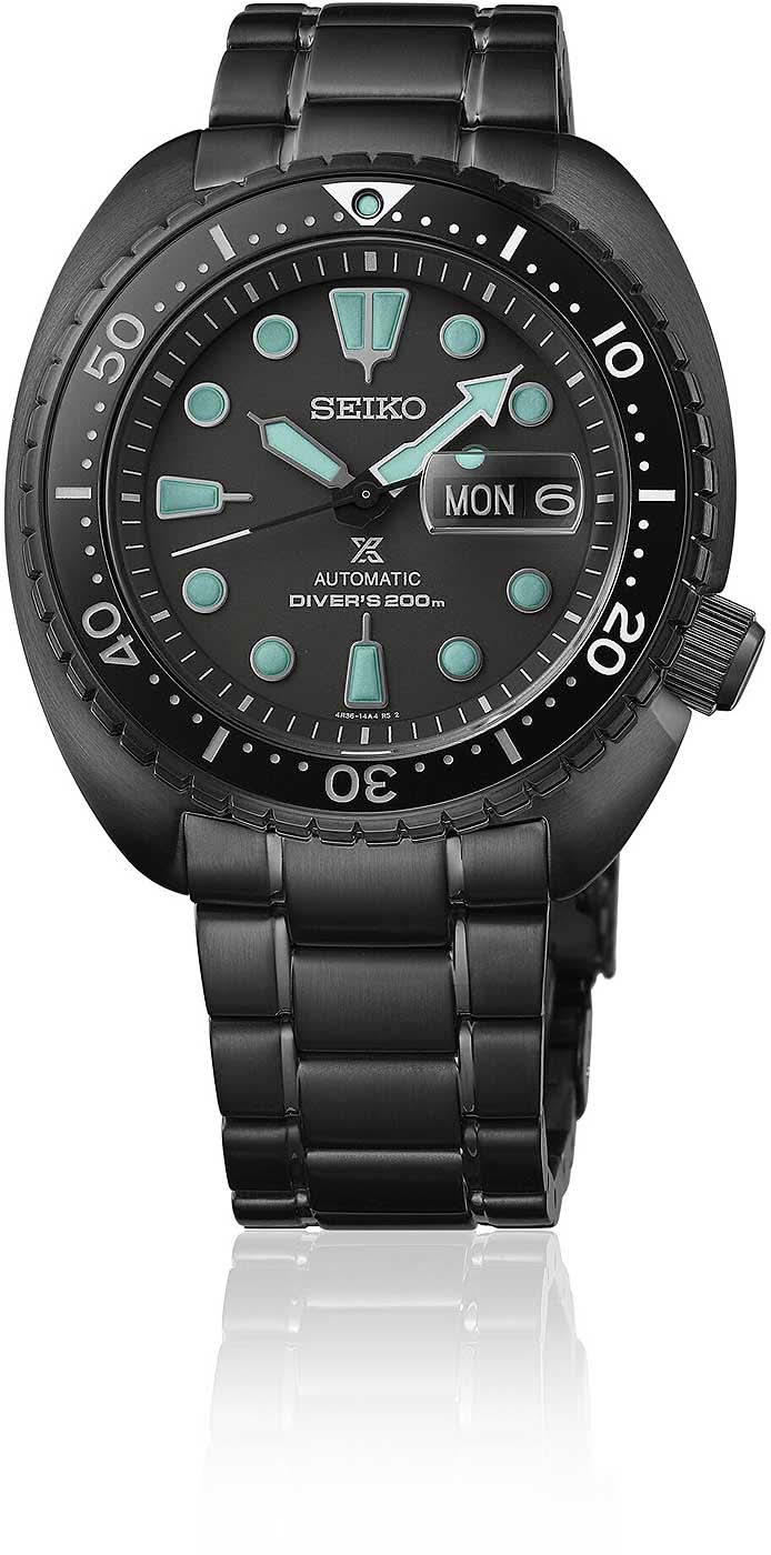 Seiko Prospex dykarklocka med svart metallarmband, grön urtavla och datumvisning