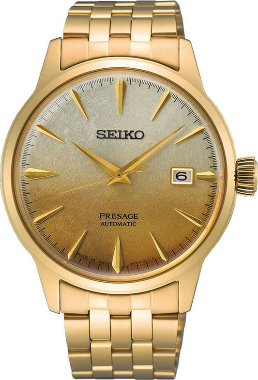 SEIKO herrur: guldfärgad urtavla, datumfönster vid klockan 6, armband i rostfritt stål