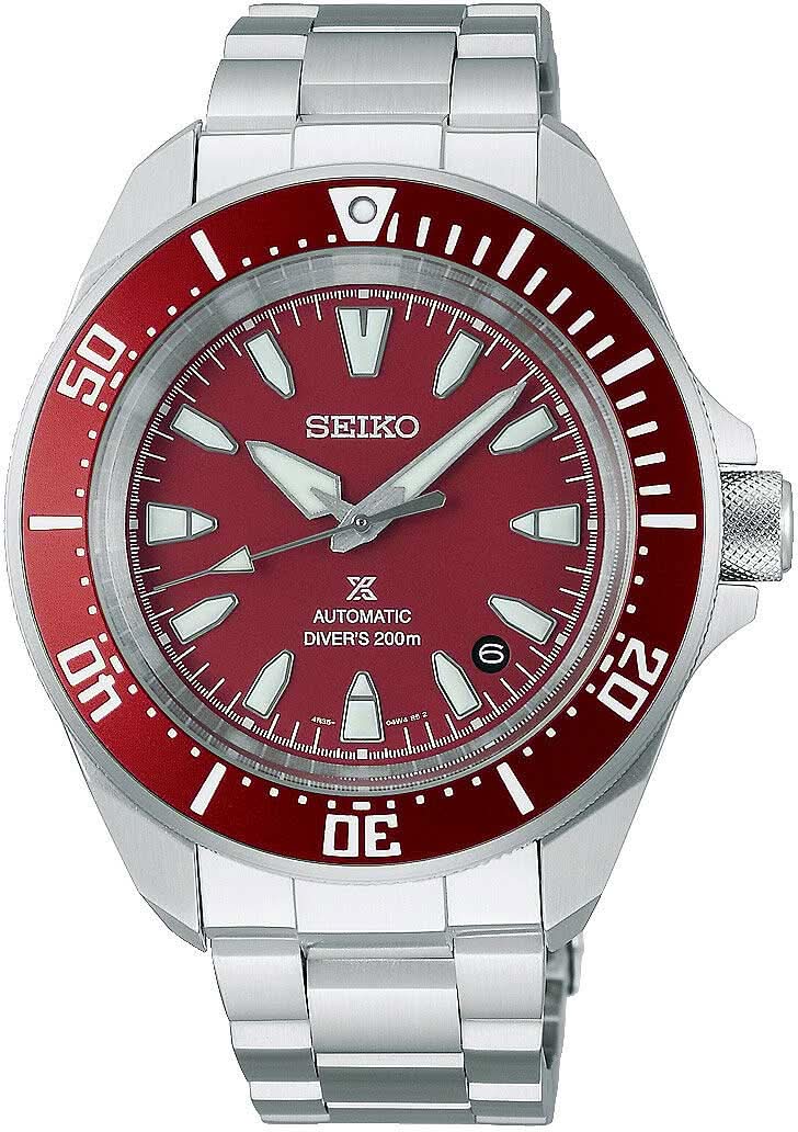 Seiko 5 Sports herrur med röd urtavla, röd infattning och armband i rostfritt stål