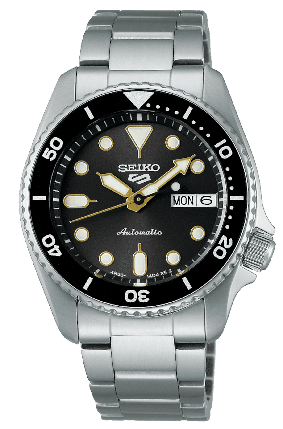 Seiko 5 Sports automatisk armbandsur: svart urtavla, guldfärgade visare, datum