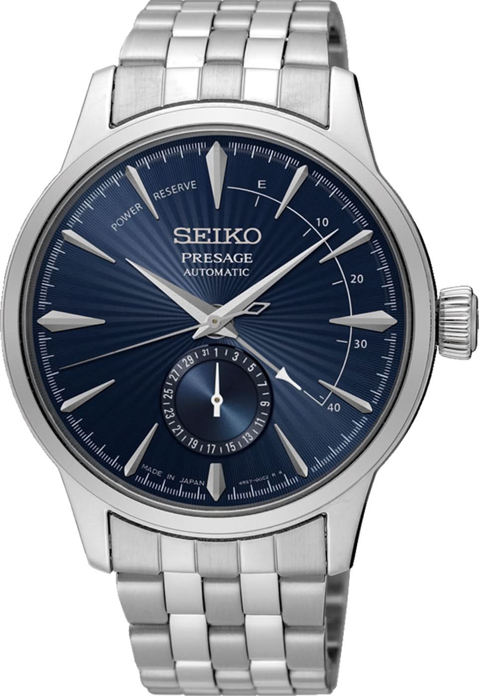 Seiko Presage herrklocka med blå urtavla, gångreserv och armband i rostfritt stål