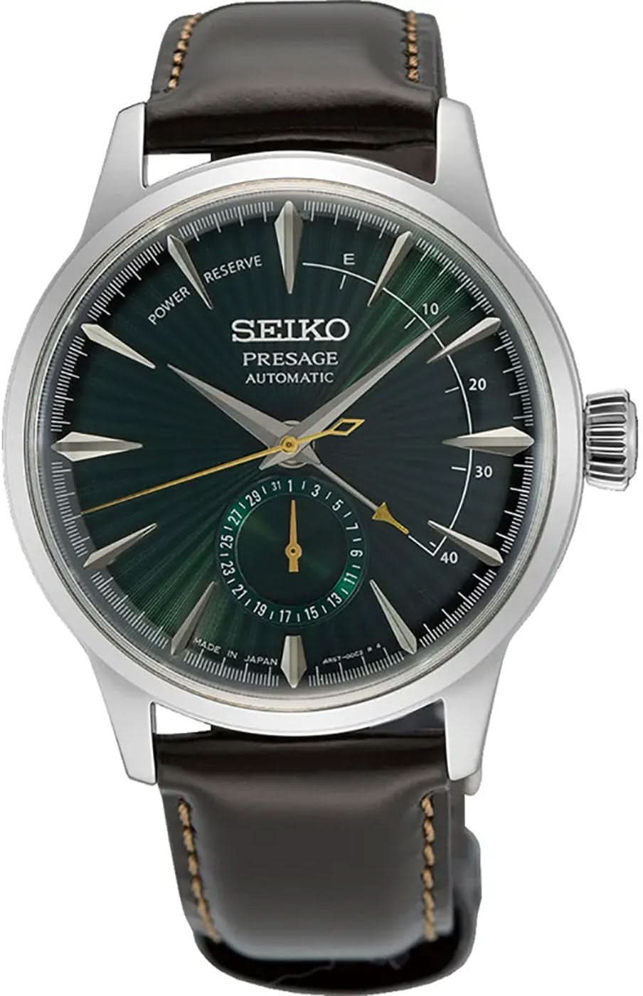 Seiko Presage herrklocka med mörkgrön urtavla, silverfärgat hölje och brunt läderband.