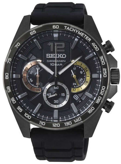 SEIKO Chronograph herrklocka med svart urtavla och svart gummiarmband