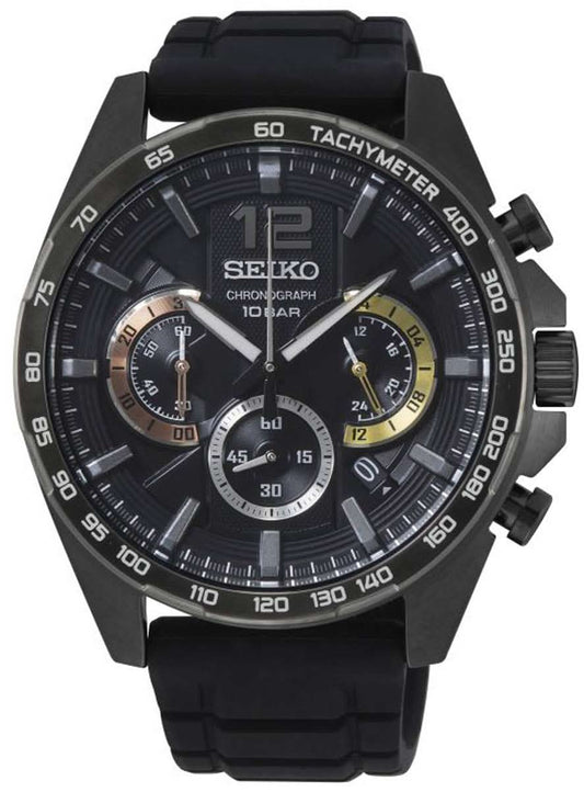 SEIKO Chronograph herrklocka med svart urtavla och svart gummiarmband