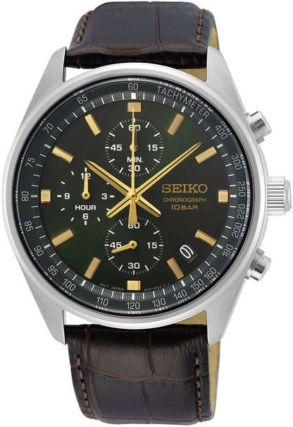 Seiko herrur med mörkgrön urtavla, läderarmband och kronografknappar