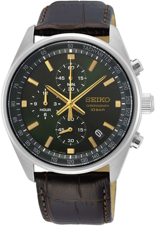 Seiko herrur med mörkgrön urtavla, läderarmband och kronografknappar
