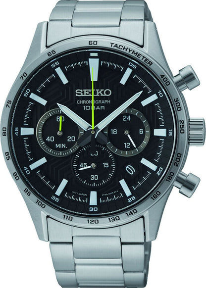 Kronograf för herrar: svart urtavla, gröna detaljer, armband i rostfritt stål
