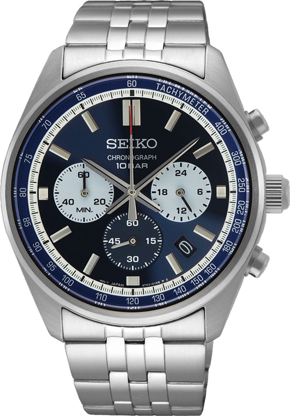 Seiko herrklocka med blå kronografurtavla, metallarmband och boett