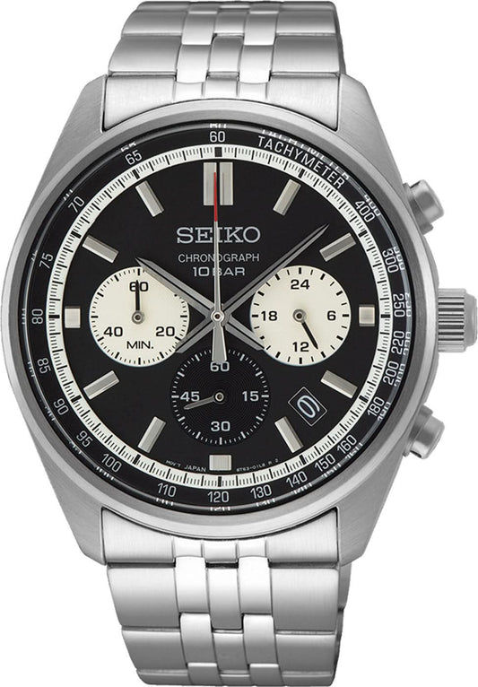 Seiko kronograf för herrar med svart urtavla, takymeterskala och stålarmband