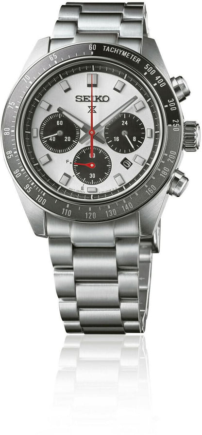 Seiko herrklocka med silverfärgat armband i rostfritt stål, vit urtavla, tachymeter-ring