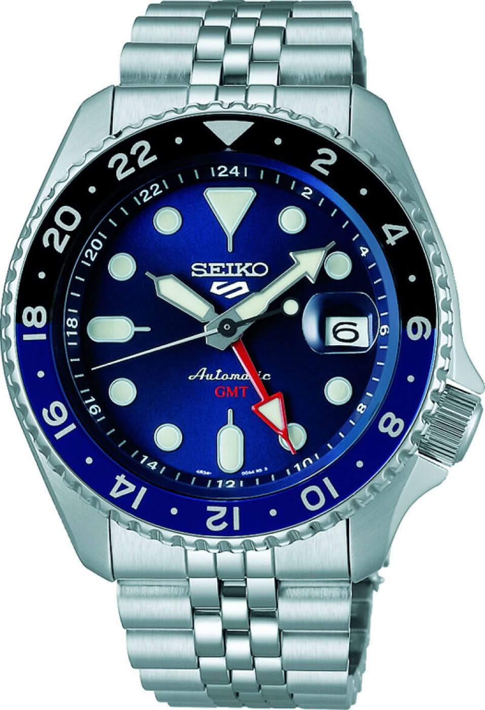 Seiko 5 Sports herrarmbandsur med blå urtavla, GMT-visare och metallänk