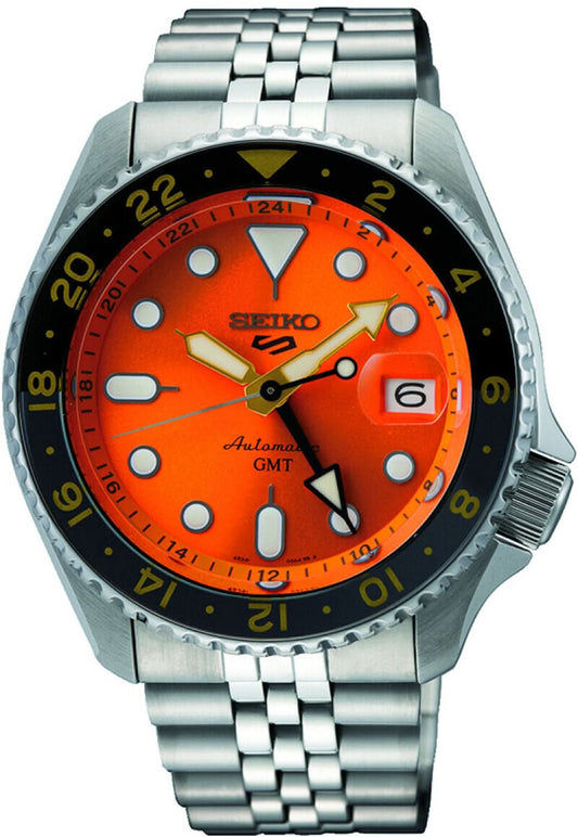 Herrarmbandsur med silverfärgat rostfritt stålarmband och orange urtavla, GMT-bezel