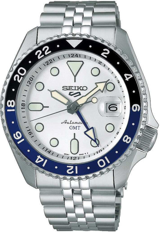 Seiko herrarmbandsur med blå infattning, vit urtavla, armband i rostfritt stål