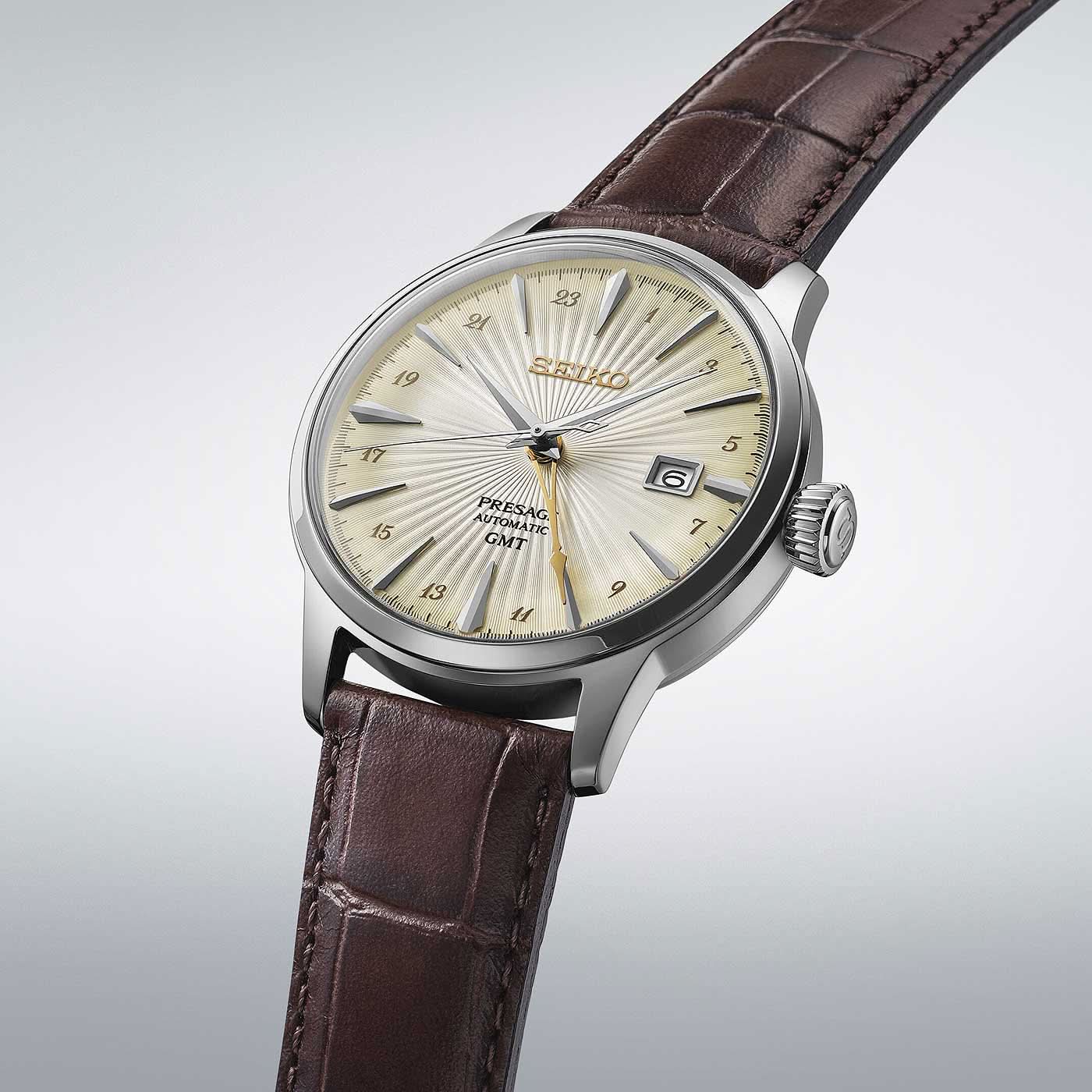 Seiko Presage herrklocka, brunt läderband, beige urtavla med GMT-markering