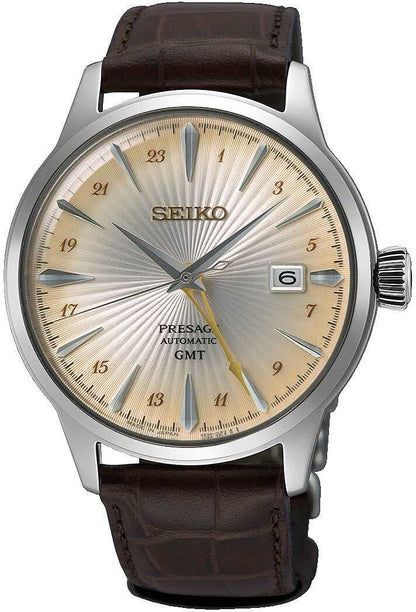 Seiko Presage herrklocka: beige urtavla, brunt läderband, GMT-visning