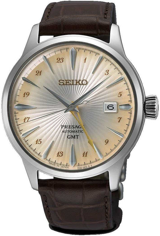 Seiko Presage herrklocka: beige urtavla, brunt läderband, GMT-visning