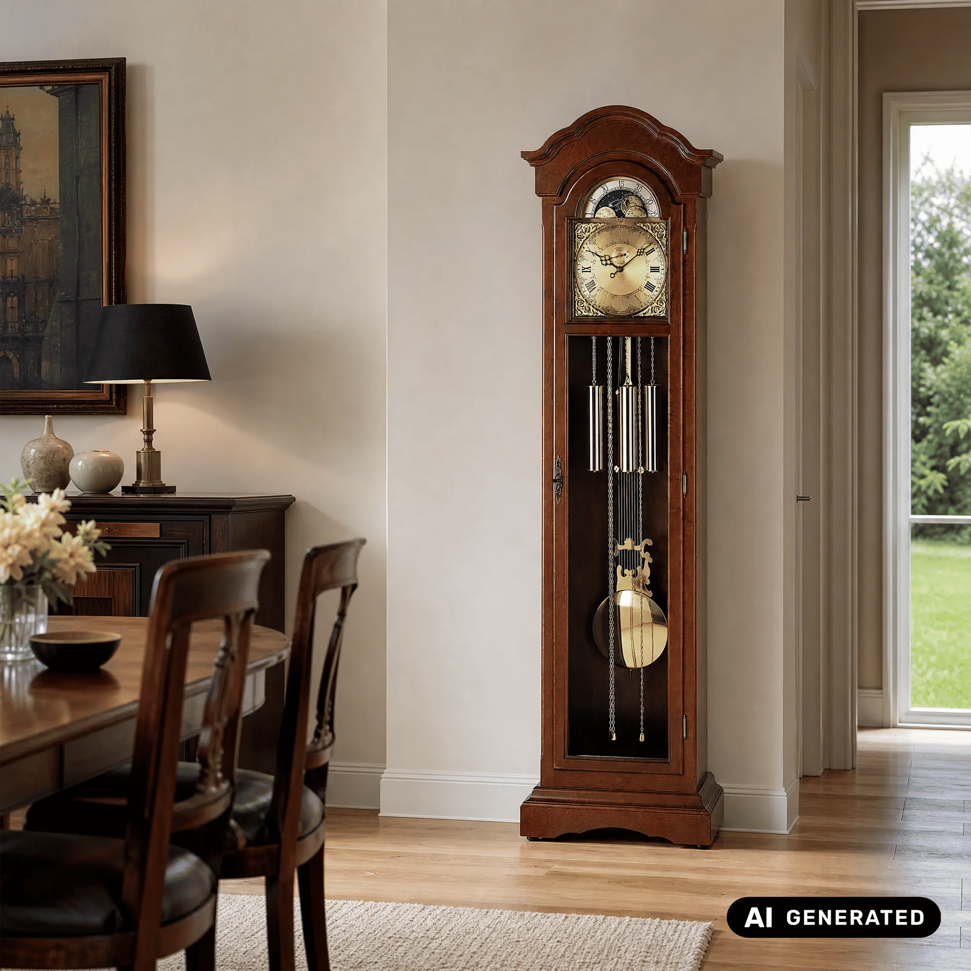 Stehende Standuhr mit braunem Holzgehäuse, Glasfront und Metall-Pendeln im Sichtfenster