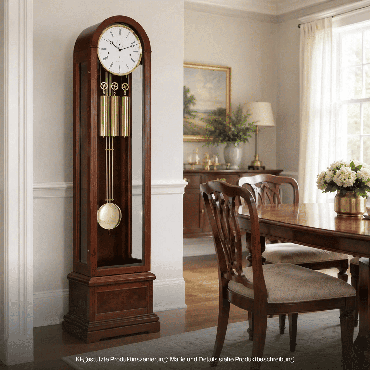 Standuhr aus dunklem Holz mit Glasfront, rundem Zifferblatt und vergoldeten Pendelgewichten