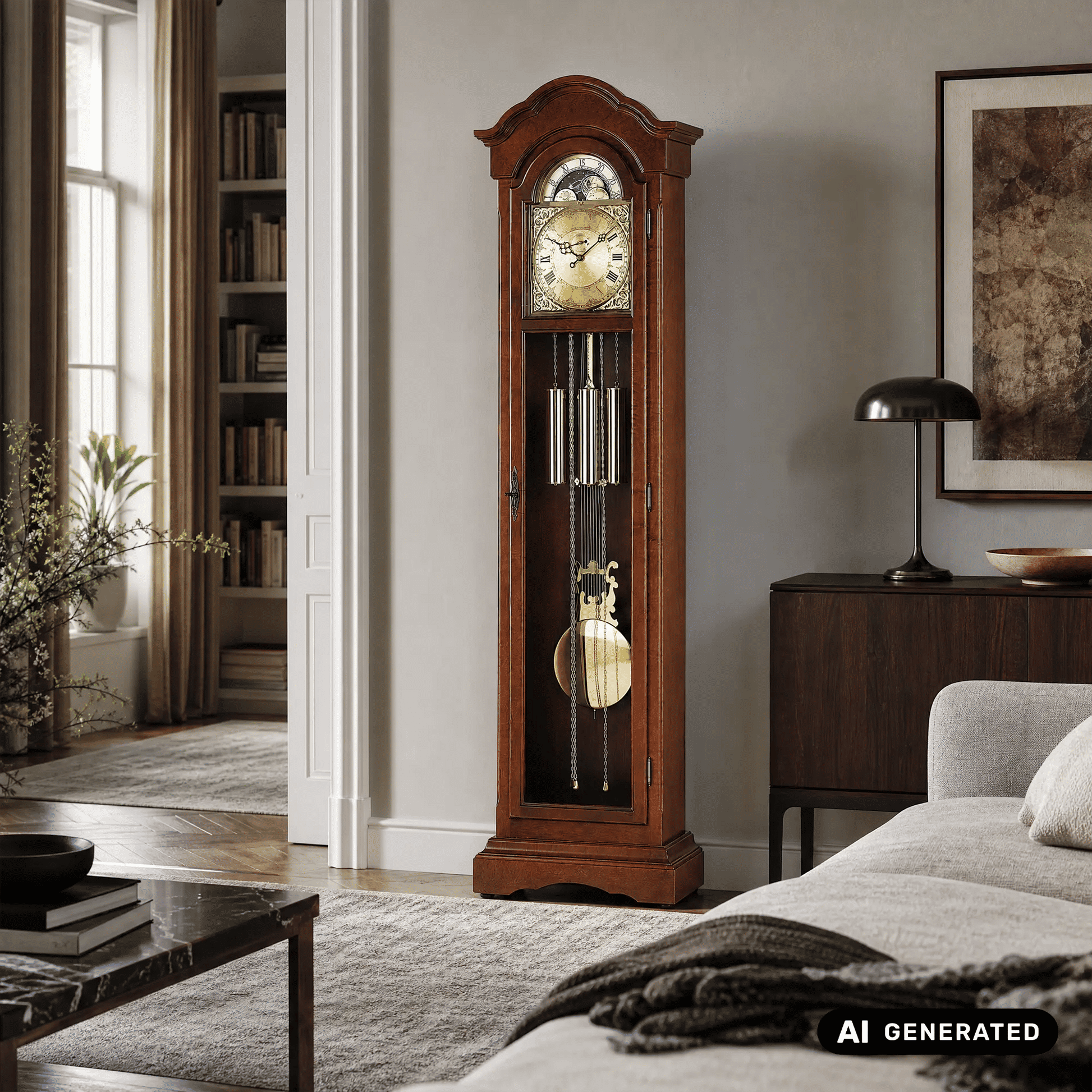 Standuhr mit braunem Holzgehäuse und Glasfront, Uhrzeiger und Pendelwerk im Inneren