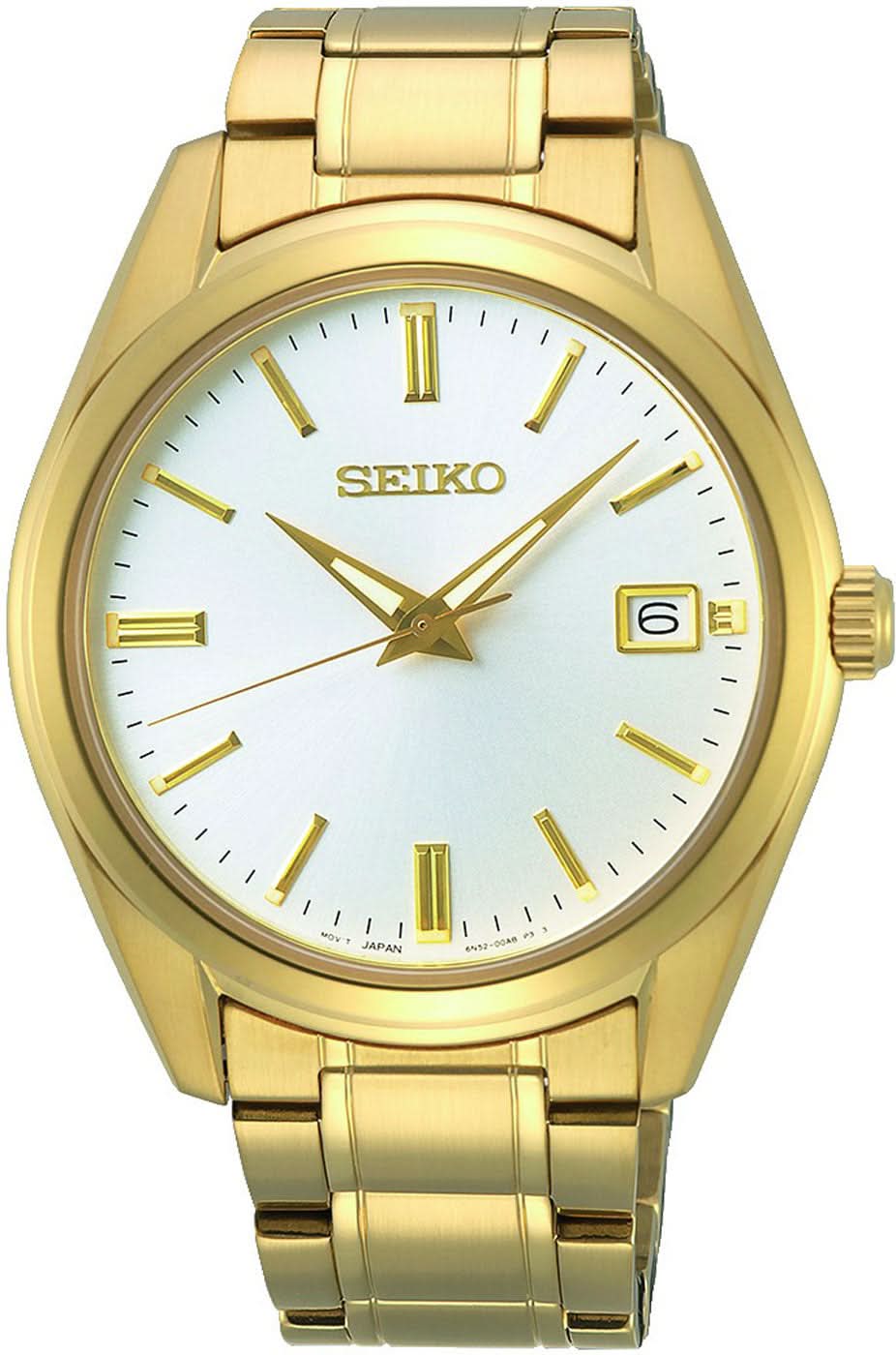 Guldpläterad herrklocka med safirglas, metallarmband och analog urtavla med datum