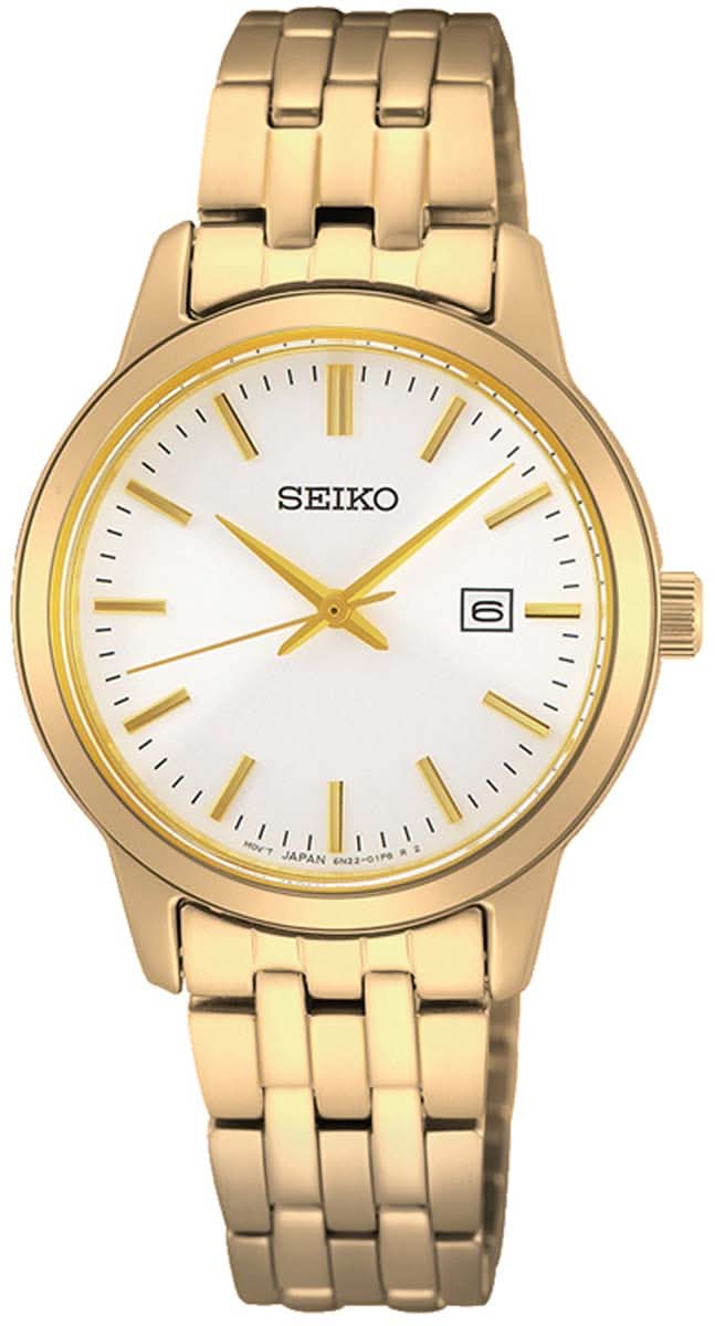 Seiko herrklocka med guldfärgat armband i rostfritt stål, rund urtavla och datumfönster