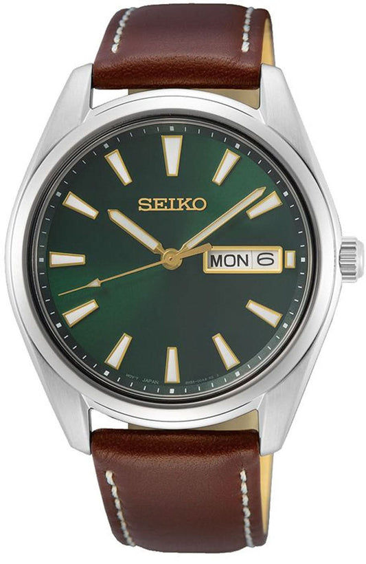 Seiko herrklocka med mörkgrön urtavla, brunt läderband och datumvisning