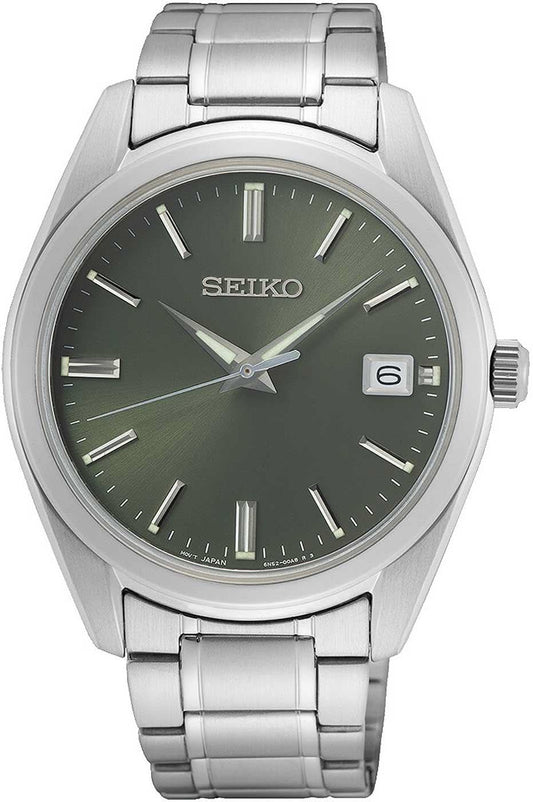 Seiko herrur med armband i rostfritt stål, rund grön urtavla, datumvisning vid kl. 6