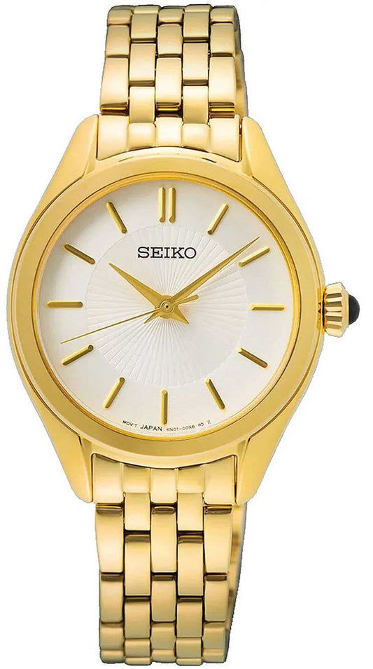 "Damklocka med guldfärgat metallarmband, vit urtavla och SEIKO-logotyp"