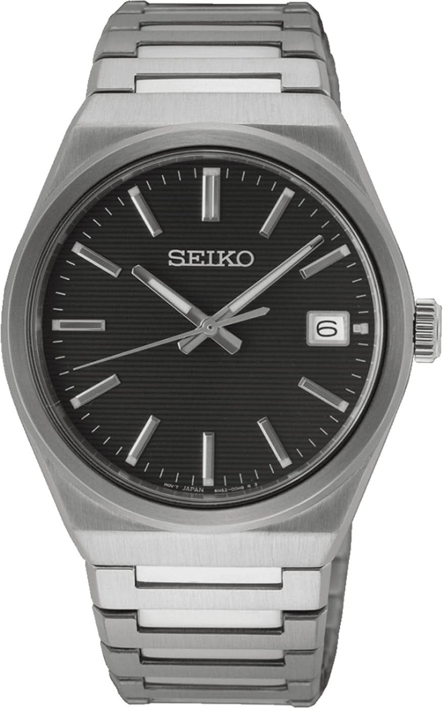 Seiko herrur med svart urtavla, datumvisning och armband i rostfritt stål