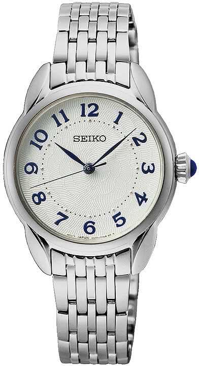 Damklocka i silver med metallarmband, vit urtavla och blå siffror, Seiko