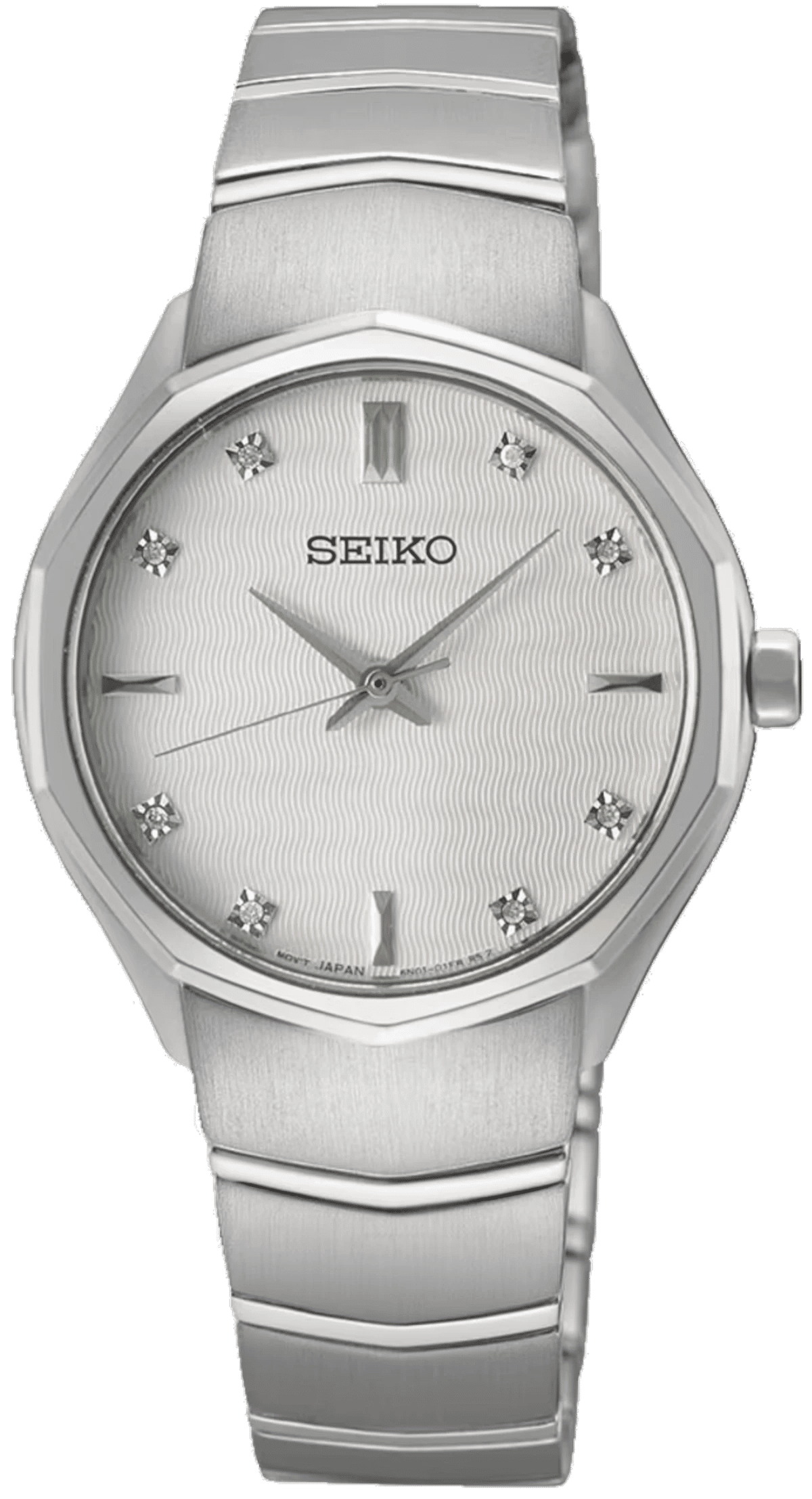 "Seiko damklocka med silverfärgat armband i rostfritt stål och silverfärgad urtavla med stenindex"