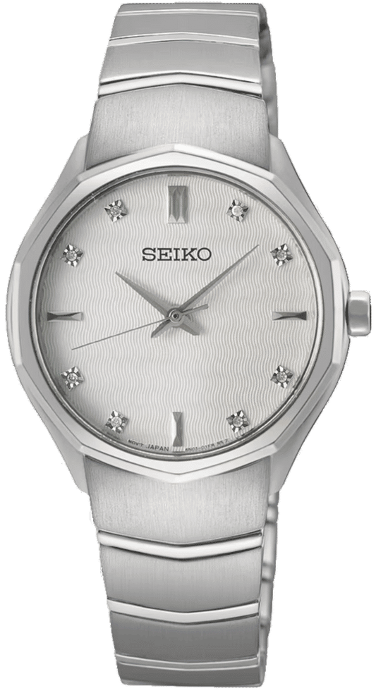 "Seiko damklocka med silverfärgat armband i rostfritt stål och silverfärgad urtavla med stenindex"