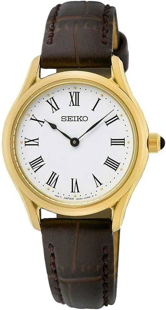 Seiko damklocka med guldfärgad boettring, vit urtavla och brunt läderarmband