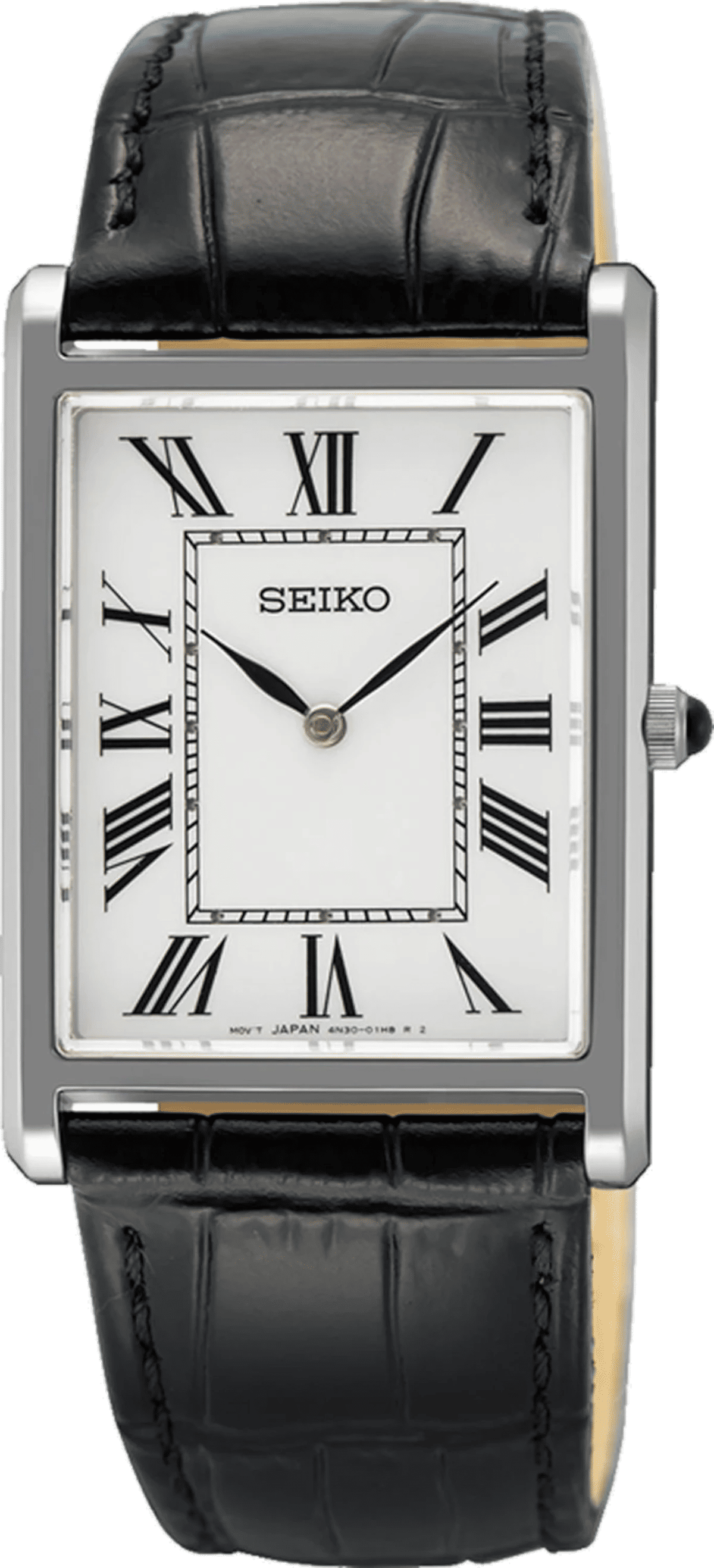 Seiko herrklocka med rektangulärt hölje, svart läderarmband och vit urtavla
